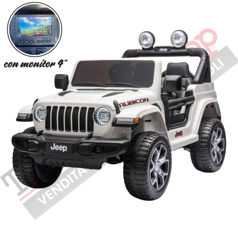 Auto Macchina Elettrica per Bambini JEEP FIAT Wrangler RUBICON 12V 2 Posti con Monitor 4" Mp4 - Sedile in Pelle -Bianco