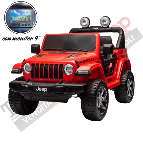 Auto Macchina Elettrica per Bambini JEEP FIAT Wrangler RUBICON 12V 2 Posti con Monitor 4" Mp4 - Sedile in Pelle -Rosso