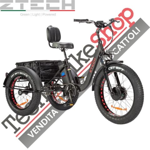 Triciclo Bicicletta Elettrica Z-TECH ZT-80-A "FAT TRIKE " 3 Ruote 24"/20"250W 13 Ah 48V Batteria Litio -Nero Opaco Matt