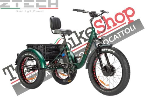 Triciclo Bicicletta Elettrica Z-TECH ZT-80-A "FAT TRIKE " 3 Ruote 24"/20" 250W 13 Ah 48V Batteria Litio -Verde