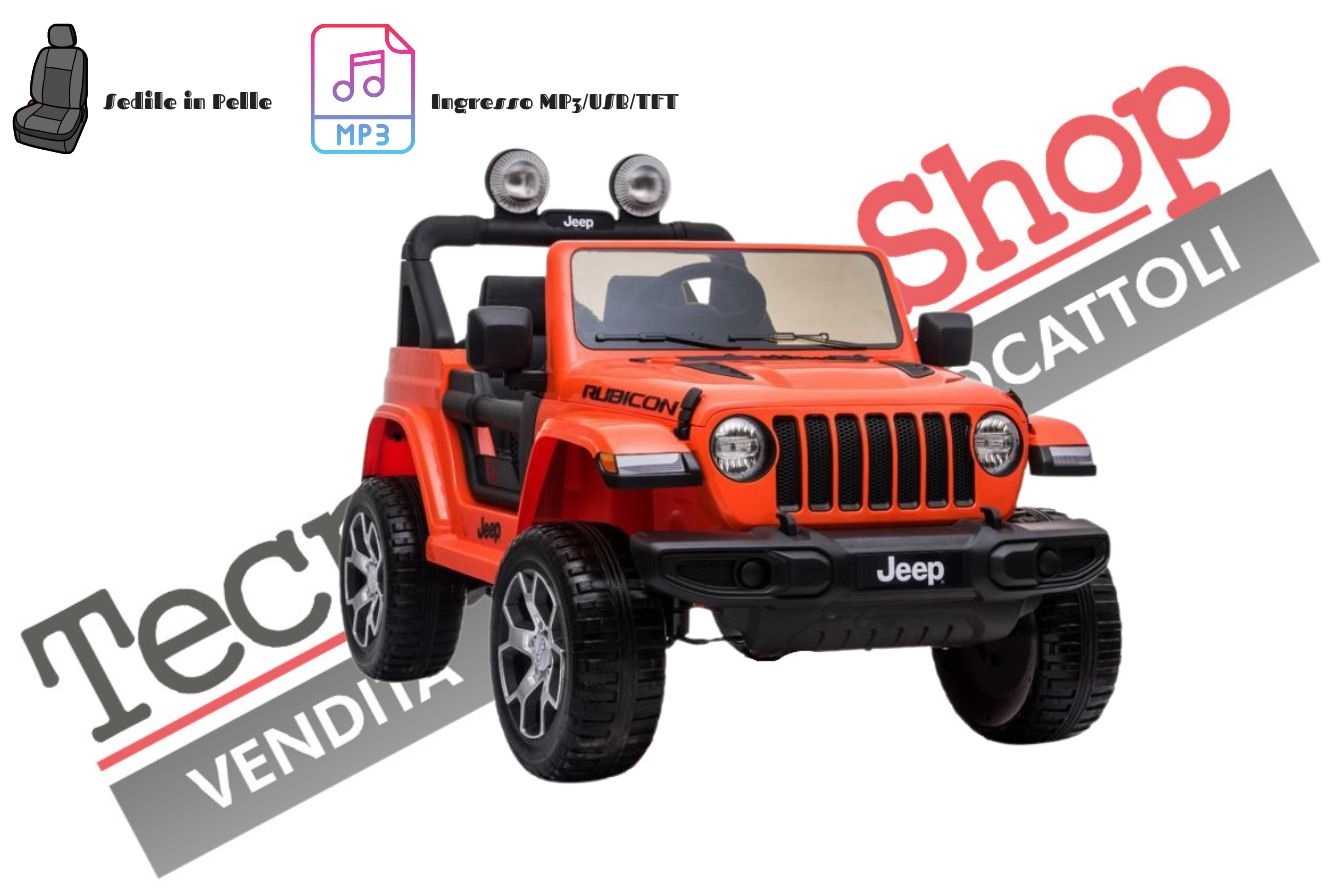 Auto Macchina Elettrica per Bambini JEEP FIAT Wrangler RUBICON 12V 2 Posti con Mp3 - Sedile in Pelle -Arancione